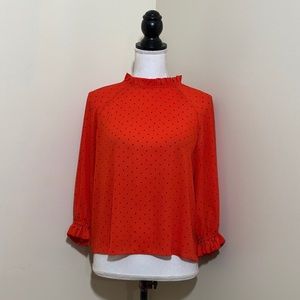 Worthington || Orange & Black Polka Dot Blouse  3/4 Sleeves High Neck size PM